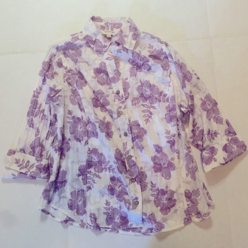 Tantrums Size Med Cotton Button Down Purple and White Floral Print with tank top